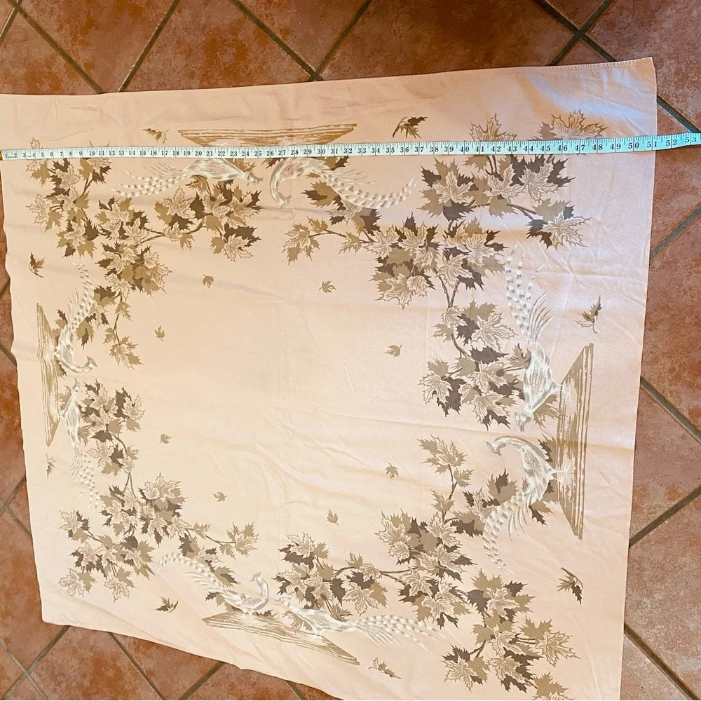 Vintage Peach Table Cloth Gold Brown Maple Leaves & Pheasants 50X48 MCM Square